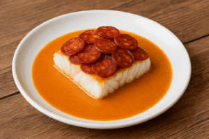 Filet de poisson blanc grillé et tranches de chorizo dans une sauce rouge-orangée vibrante sur une assiette blanche.