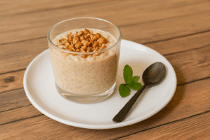 Pudding de tapioca crémeux aux arachides grillées et menthe fraîche, servi dans un verre sur une assiette blanche avec une cuillère noire sur table en bois.