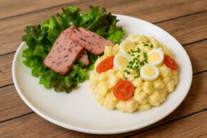 Assiette de salade de pommes de terre crémeuse, œufs de caille, tomates cerises, ciboulette, jambon épicé et laitue fraîche sur une table en bois.