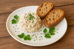 Tartinade crémeuse aux herbes avec persil et ciboulette, servie sur une assiette blanche avec deux tranches de pain grillé sur une table en bois.
