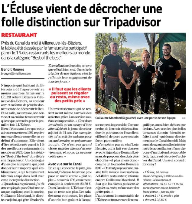 Titre "L'Écluse vient de décrocher une folle distinction sur Tripadvisor". Photo de Guillaume Moerland et équipe de restaurant.