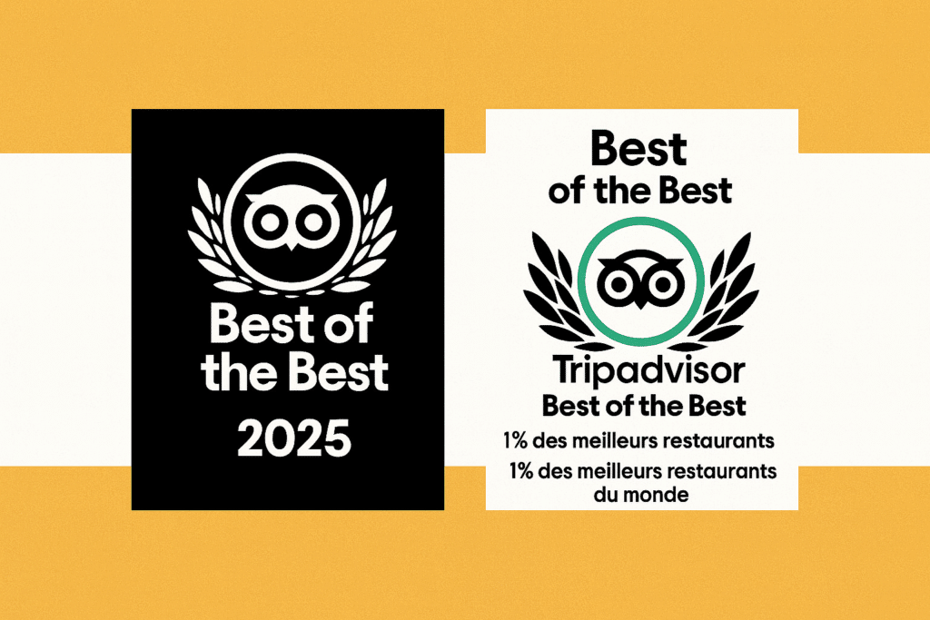 Logos TripAdvisor Best of the Best 2025 : un noir et blanc, un couleur, mentionnant 1% des meilleurs restaurants du monde.