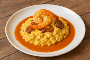 Plat de crevettes et chorizo sur lit de grits crémeux, servi dans une sauce rouge orangée sur une assiette blanche.