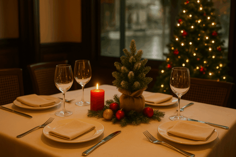 Table de restaurant dressée pour deux avec vaisselle, verres à vin, bougie rouge allumée et petit sapin de Noël décoratif, arbre illuminé en arrière-plan.