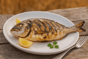 Poisson entier grillé, servi sur une assiette blanche avec des quartiers de citron et une feuille de persil, posée sur une table en bois rustique.