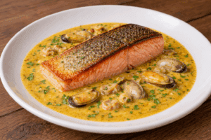 Saumon poêlé à peau croustillante sur lit de sauce onctueuse aux moules et fruits de mer, garni de persil frais.
