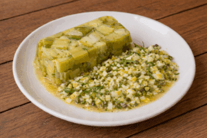 Terrine rectangulaire de poireaux en aspic sur une assiette en bois. Elle est accompagnée d'œufs mimosa hachés, de câpres et de sauce gribiche.