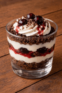 Verrine gourmande Forêt Noire: couches de miettes de chocolat, crème onctueuse, et cerises. Crème fouettée, copeaux et sauce dégoulinante.