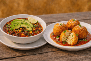 Chili de haricots et maïs garni d'avocat à côté d'une assiette d'arancini croustillants servis sur sauce tomate.