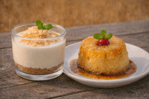 Verrine de cheesecake à la noix de coco et mini gâteau renversé à l'ananas caramélisé décorés de menthe.