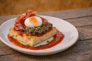 Focaccia gourmande garnie d'un œuf mollet, jambon cru et tapenade sur un coulis de tomate épicé.