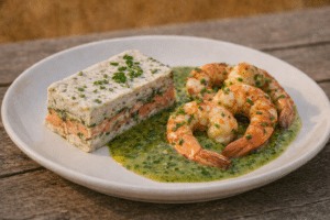 Terrine de saumon et poisson blanc, crevettes poêlées, sauce aux herbes et ciboulette ciselée sur assiette blanche.