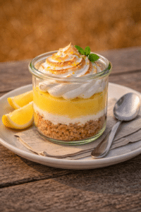 Verrine gourmande de tarte au citron meringuée, couches de biscuit, crème et meringue dorée sur une table ensoleillée.