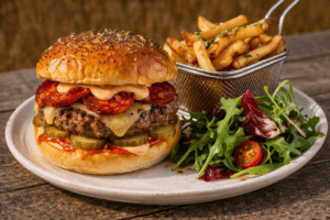 Burger gourmet au chorizo, fromage fondu et frites croustillantes servi avec une salade fraîche sur plateau en bois.