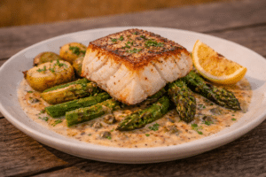 Filet de poisson grillé sur lit d'asperges vertes, sauce crémeuse aux câpres et pommes de terre rôties avec citron.