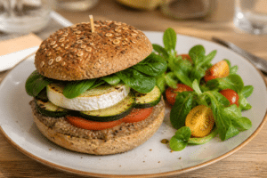 Burger végétarien au chèvre, courgettes grillées et épinards frais accompagné d'une salade de tomates cerises.