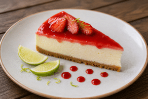 Part de cheesecake onctueux à la fraise, décorée de tranches de citron vert et zestes sur assiette en céramique.