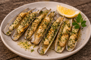 Couteaux de mer grillés à l'ail et persillade, servis sur une assiette avec un quartier de citron frais.