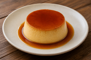 Crème caramel onctueuse à la vanille nappée de sirop ambré, présentée sur une assiette claire sur une table en bois.