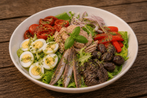 Salade Niçoise gourmande avec thon, œufs, anchois, olives et pesto frais dans un bol blanc.