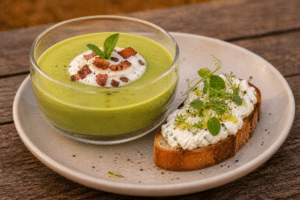 Soupe de petits pois crémeuse, éclats de bacon, menthe et tartine de fromage frais aux herbes printanières.