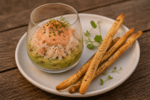 Verrine d'avocat et crabe, sauce cocktail et gressins aux herbes servis sur une table en bois rustique.