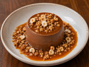 Budino au chocolat, noisettes grillées et crumble sur caramel onctueux dans un bol moucheté.