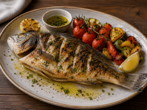 Daurade entière grillée, légumes rôtis et sauce aux herbes sur une assiette rustique.