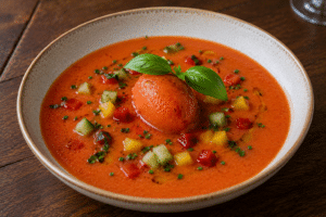 Gazpacho frais garni de dés de légumes et basilic dans un bol en céramique sur une table en bois.