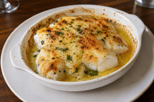 Gratin de cabillaud doré au four dans une sauce au beurre et persillade, servi dans un plat en céramique blanc.