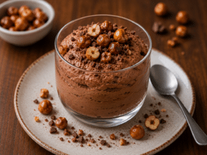 Mousse au chocolat onctueuse, noisettes caramélisées et éclats de chocolat noir en verrine.
