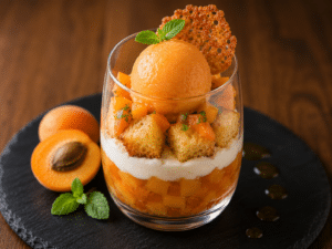 Verrine de parfait à l'abricot avec sorbet, crème, fruits frais et tuile dentelle sur ardoise.