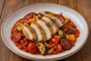 Tranches de poulet rôti sur lit de ratatouille et chorizo, garnies de thym dans une assiette blanche.