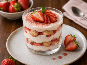 Tiramisu aux fraises en verrine avec crème onctueuse, biscuits et fruits frais sur une table en bois.