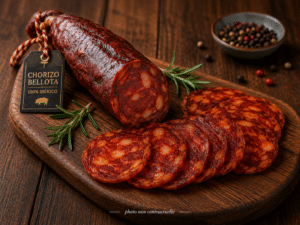 Chorizo Bellota 100% Ibérico tranché sur bois avec romarin et poivre. Présentation authentique.