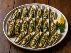Couteaux de mer au beurre d'herbes avec citron et persil. Texte : photo non contractuelle.