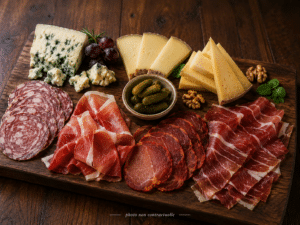 Planche apéro : charcuterie, fromages, noix et cornichons sur bois. Texte : photo non contractuelle.