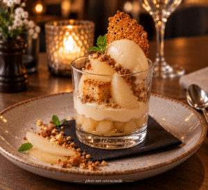 Verrine aux poires, crème et sorbet avec tuile craquante. Ambiance chaleureuse. Photo non contractuelle.