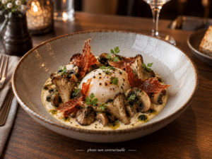 Œuf parfait, champignons et jambon croustillant sur crème onctueuse. Texte : photo non contractuelle.