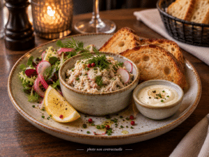 Rillettes de poisson avec pain grillé, salade fraîche et citron sur assiette rustique. Photo non contractuelle.