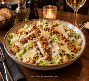 Salade César gourmande au poulet croustillant, parmesan et croûtons. Mention photo non contractuelle.