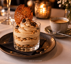Tiramisu gourmand en verrine avec grains de café et tuile croustillante. Ambiance chaleureuse. Photo non contractuelle.