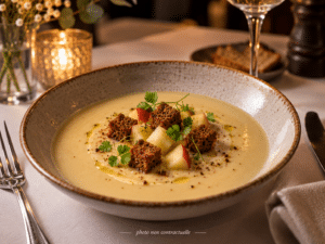 Velouté crémeux aux croûtons, dés de pommes et herbes fraîches. Ambiance tamisée. Photo non contractuelle.
